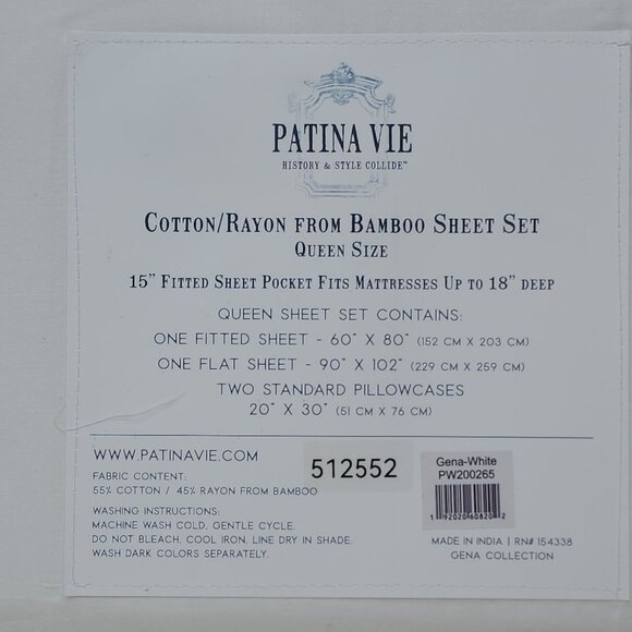 Patina Vie Queen Bamboo Cotton Blend Sheet Set White New Gena White - Picture 8 of 9